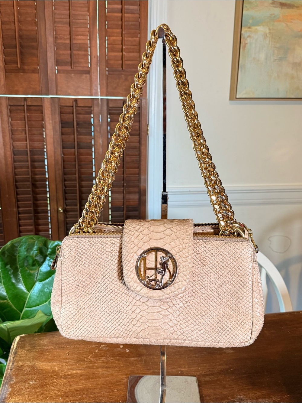 Henri Bendel Snake Embossed Leather Bag Clutch Oversized Gold Hardware RARE